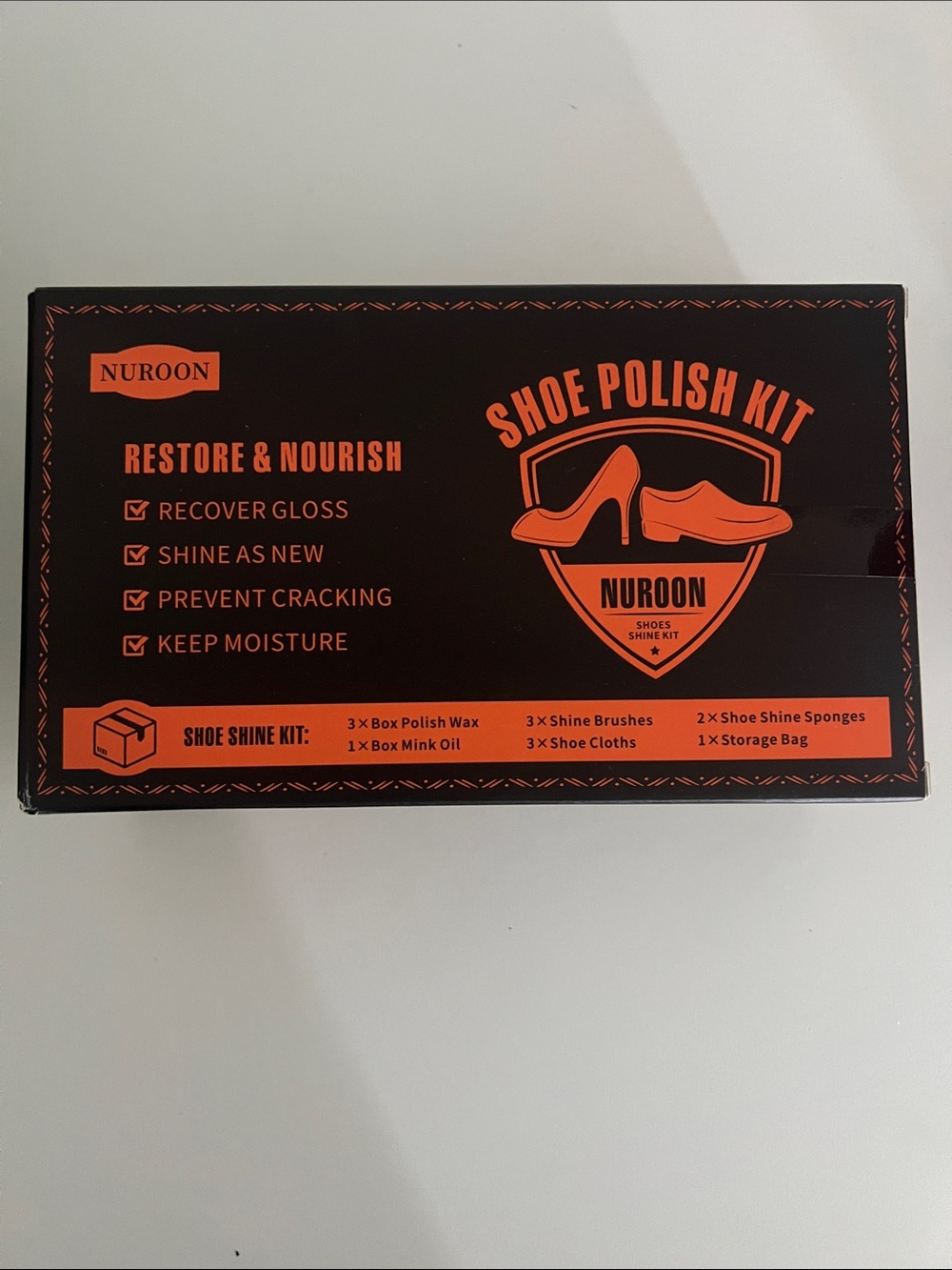 Nuroon Shoe Polish Kit - Black and Orange Shoe Shine Set